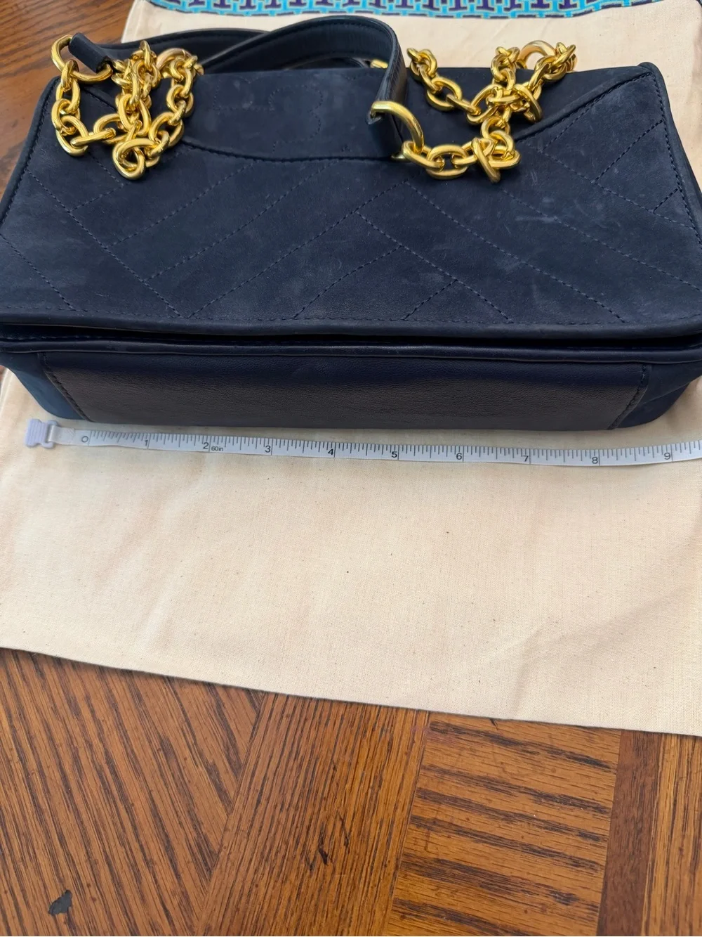 Tory Burch Black Suede Quilted Shoulder Bag with Gold Chain